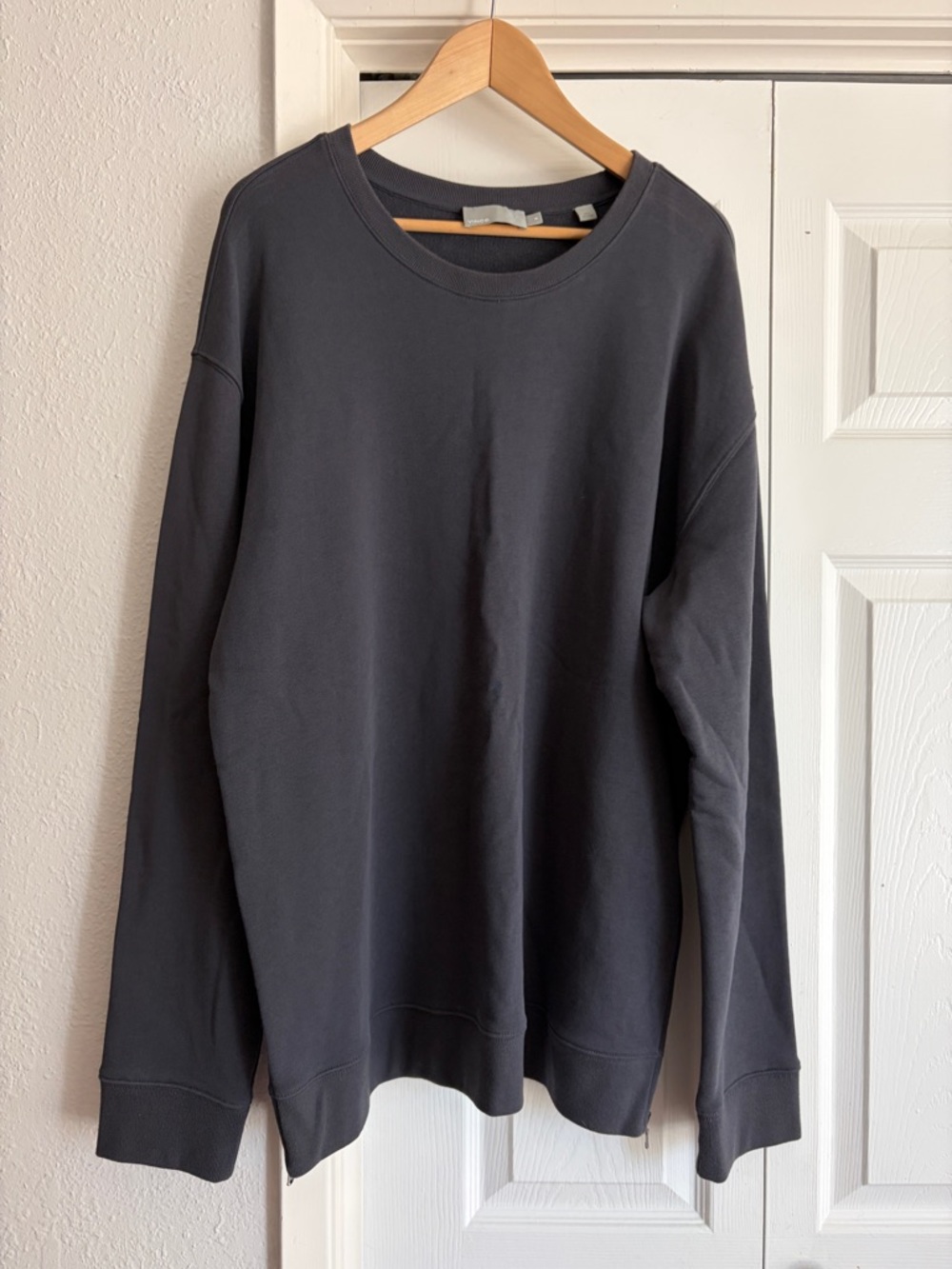 VINCE Men's 100% Cotton Crewneck Sweater in Charcoal Gray with Side Zipper
